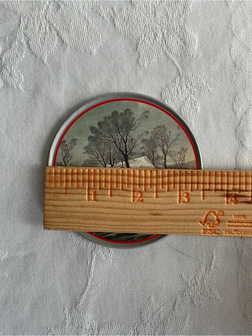 Vintage Currier & Ives Tin Coasters w Storage Winter Red Barn Scene Set of 6
